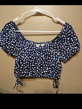 Roxy Navy Blue Polka Dot Puff Sleeve Crop Top
